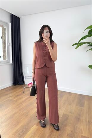 Lisa Kiremit Düğme Detaylı Yelek Pantolon Takım