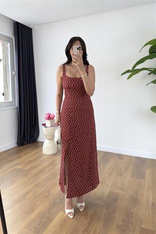 Lisa Kiremit Puantiyeli Yırtmaç Detaylı Elbise