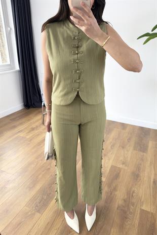 Lisa Olive Düğme Detaylı Yelek Pantolon Takım