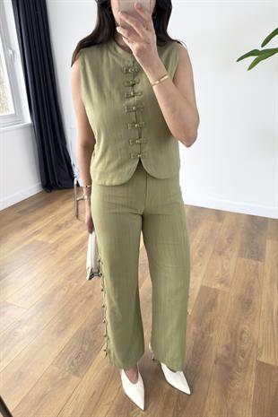 Lisa Olive Düğme Detaylı Yelek Pantolon Takım
