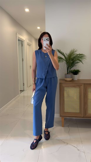 Lisra İndigo Düğme Detaylı Yelek Pantolon Takım