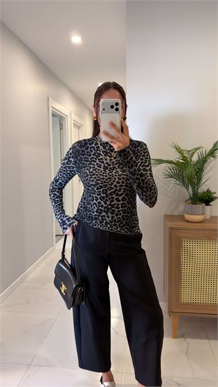 Liwra Gri Transparan Leopar Desenli Bluz