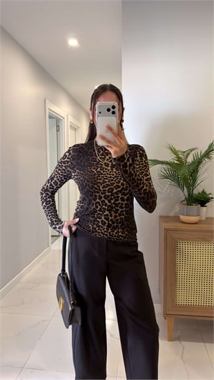 Liwra Kahve Transparan Leopar Desenli Bluz