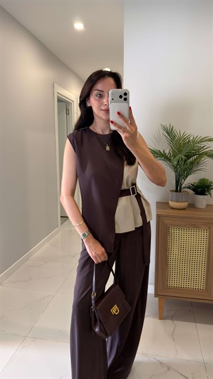 Liya Kahve Bej Garnili Kemerli Takım