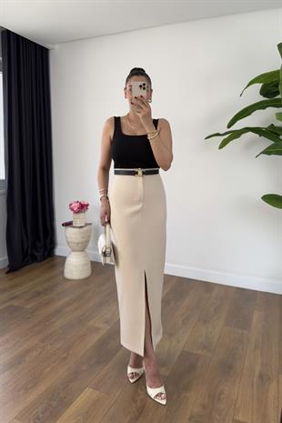 Lolita Bej Önden Yırtmaç Detaylı Maxi Boy Etek