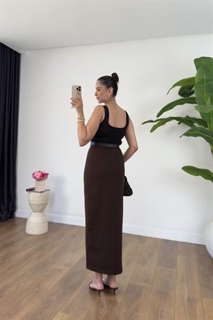 Lolita Kahve Önden Yırtmaç Detaylı Maxi Boy Etek
