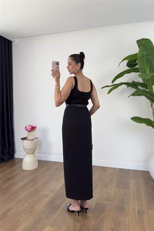 Lolita Siyah Önden Yırtmaç Detaylı Maxi Boy Etek