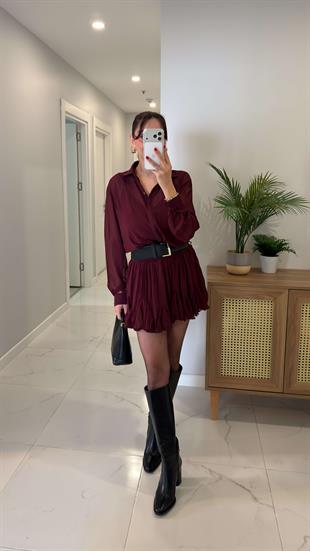 Lonces Bordo Astarlı Kemer Detaylı Şifon Elbise