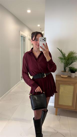 Lonces Bordo Astarlı Kemer Detaylı Şifon Elbise