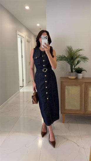 Lonesa Dark Blue Gold Düğme Detaylı Kemerli Elbise
