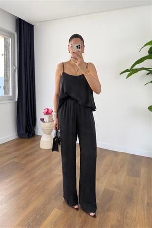 Loney Siyah Askı Ayarlanabilir Bluz Pantolon Takım