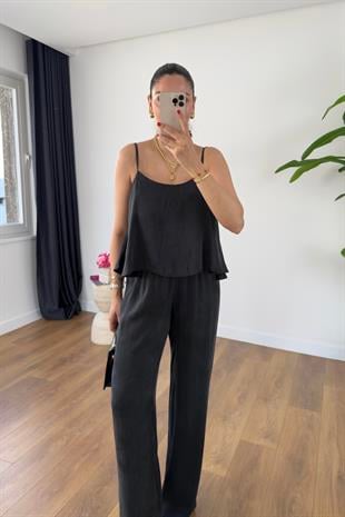 Loney Siyah Askı Ayarlanabilir Bluz Pantolon Takım