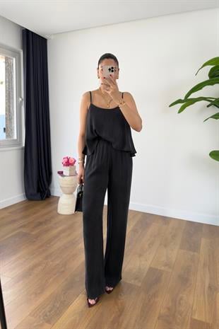 Loney Siyah Askı Ayarlanabilir Bluz Pantolon Takım
