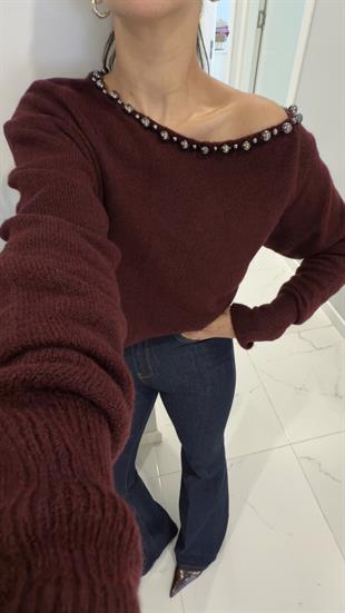 Lonry Bordo Yakası İncili Triko