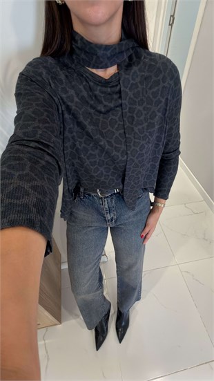 Lorev Füme Leopar Baskılı Kuşaklı Triko