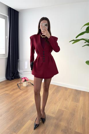 Losenta Bordo Vatka Detaylı Ceket-Etek Takım