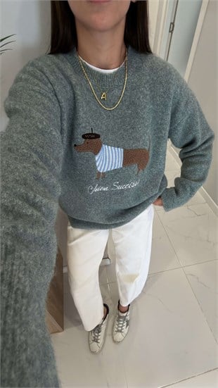 Lucky Açık Yeşil Dog Figürlü Triko