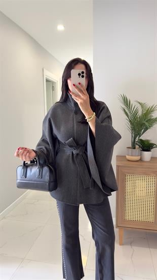 Luffy Antrasit Kuşaklı Kaşe Panço