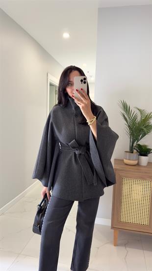 Luffy Antrasit Kuşaklı Kaşe Panço