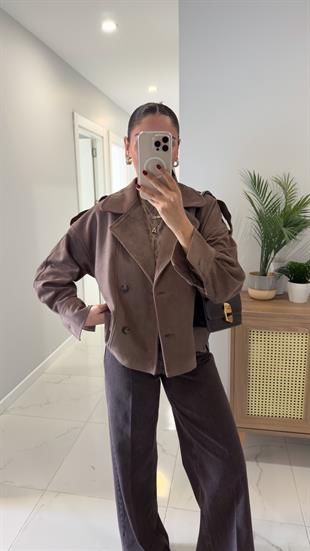 Lunara Kahve Düğmeli Astarlı Süet Ceket