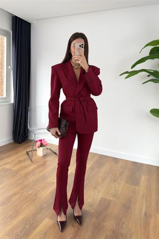 Lunis Bordo Kuşaklı Ceket Pantolon Takım
