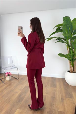 Lunis Bordo Kuşaklı Ceket Pantolon Takım