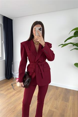 Lunis Bordo Kuşaklı Ceket Pantolon Takım