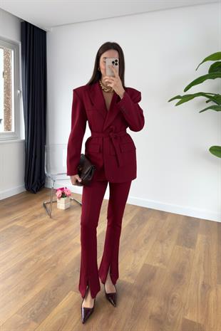 Lunis Bordo Kuşaklı Ceket Pantolon Takım