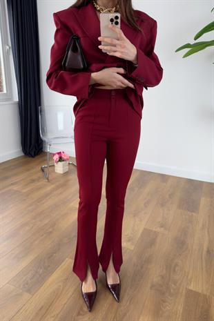 Lunis Bordo Kuşaklı Ceket Pantolon Takım