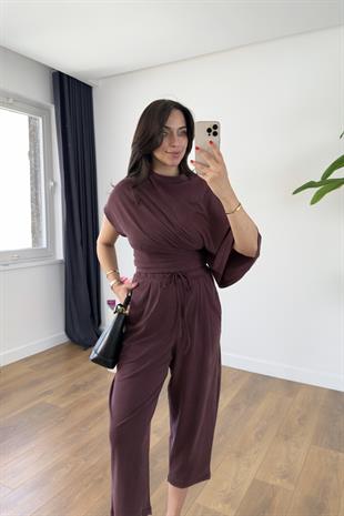 Luuma Bordo Bluz Yaka Detaylı Pantolon Takım