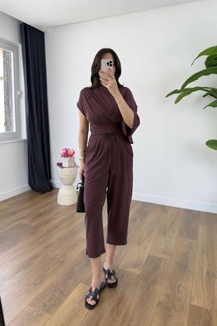 Luuma Bordo Bluz Yaka Detaylı Pantolon Takım