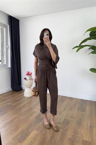 Luuma Kahve Bluz Yaka Detaylı Pantolon Takım