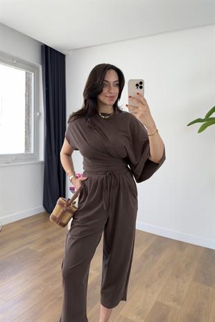 Luuma Kahve Bluz Yaka Detaylı Pantolon Takım