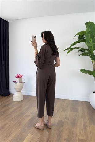 Luuma Kahve Bluz Yaka Detaylı Pantolon Takım