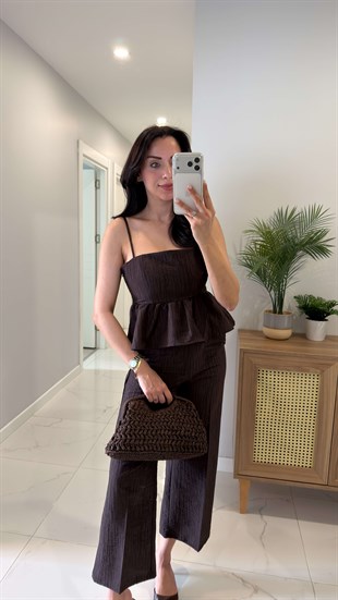 Maksy Kahve Desenli Askılı Bluz Pantolon Takım