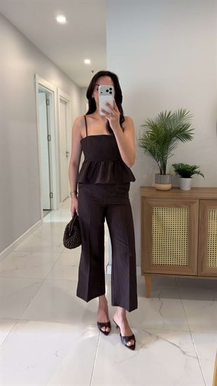 Maksy Kahve Desenli Askılı Bluz Pantolon Takım