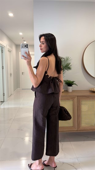 Maksy Kahve Desenli Askılı Bluz Pantolon Takım