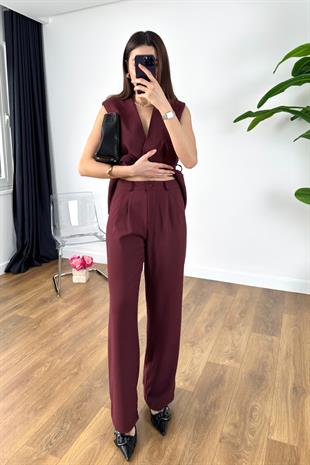 Manas Bordo Yelek Pantolon Kuşaklı Takım