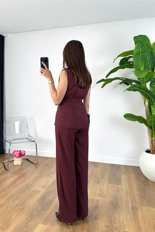 Manas Bordo Yelek Pantolon Kuşaklı Takım