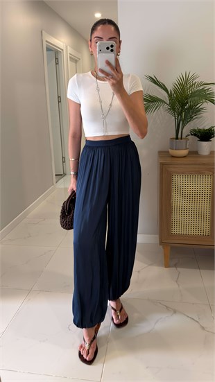 Mane Lacivert Saten Şalvar Pantolon