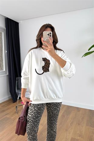 Mano Beyaz Leopar Figürlü Sweatshirt