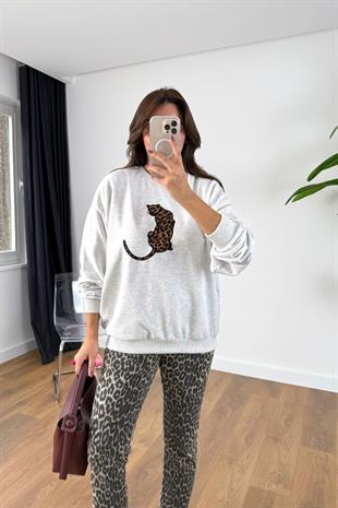 Mano Gri Leopar Figürlü Sweatshirt