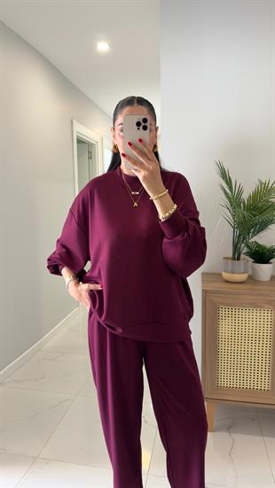 Marla Bordo Uzun Kol Pantolon Modal Takım