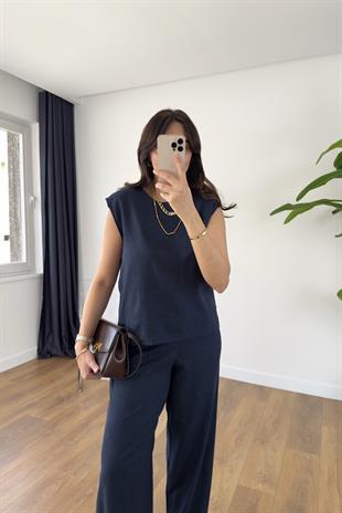 MD Alice Lacivert Vatka Detaylı Keten Takım