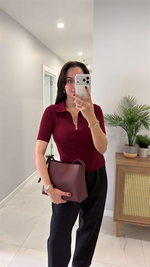 MD Busa Bordo Polo Yaka Fermuarlı Triko