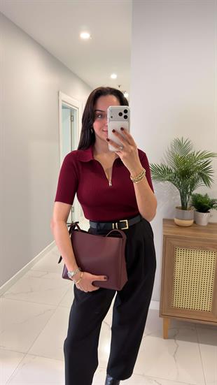 MD Busa Bordo Polo Yaka Fermuarlı Triko