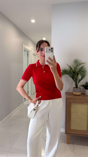 MD Derin Kırmızı Saç Örgülü Polo Yaka Triko