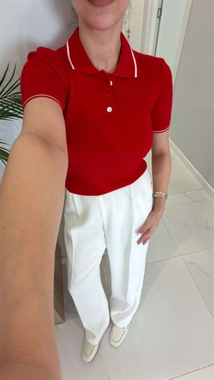 MD Derin Kırmızı Saç Örgülü Polo Yaka Triko