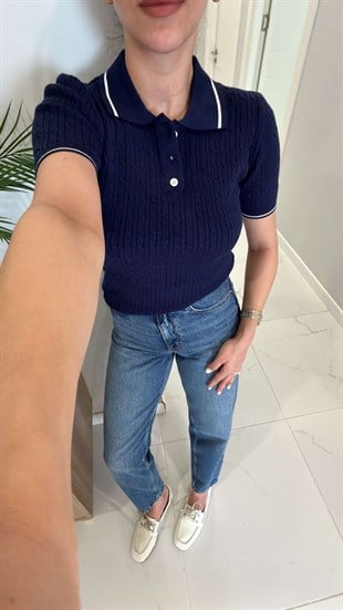MD Derin Lacivert Saç Örgülü Polo Yaka Triko