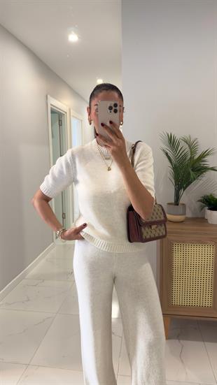 MD Emily Ekru Kısa Kol Triko Pantolon Takım